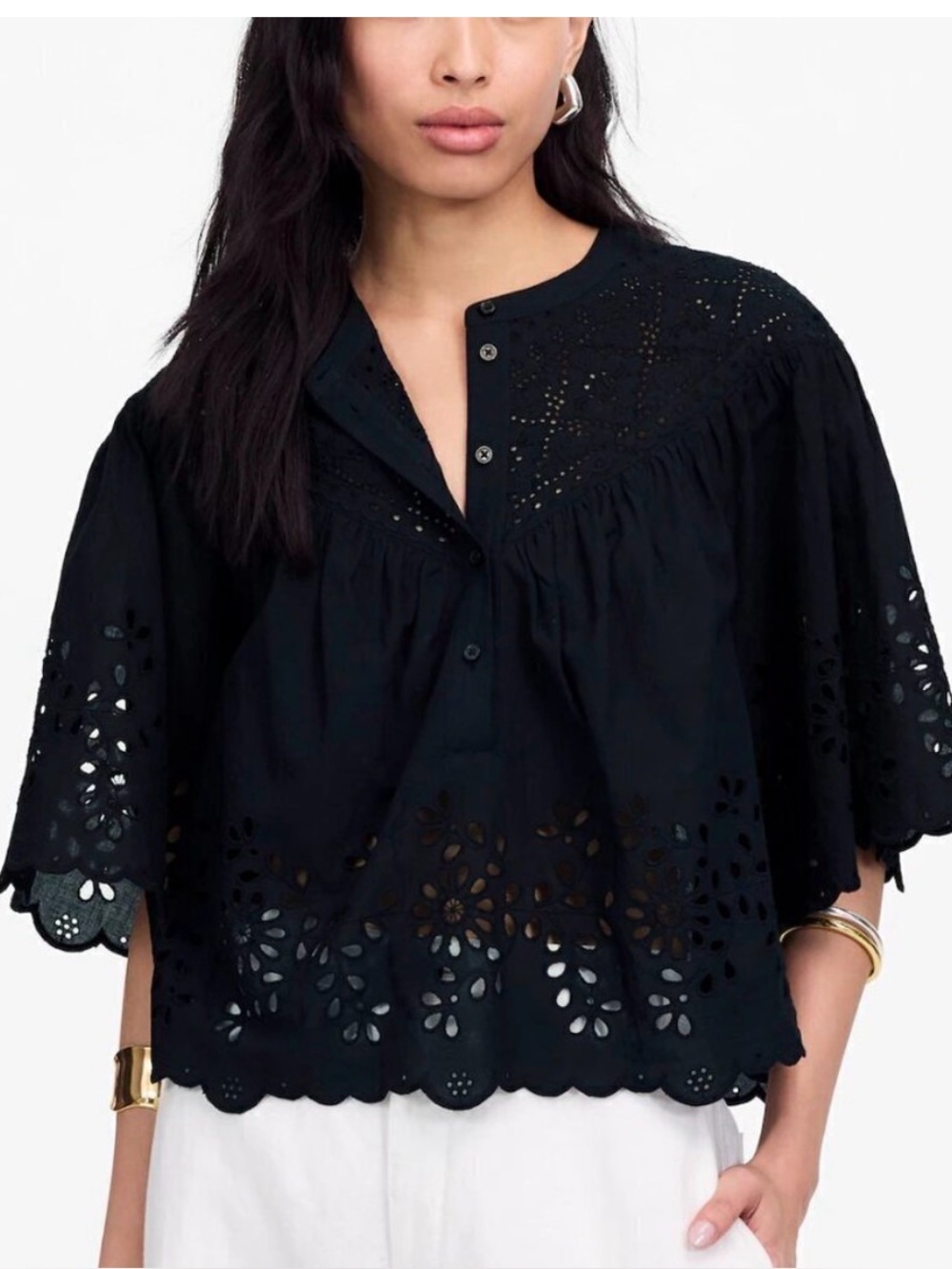 Madewell Embroidered Shirred Cotton Eyelet Henley Top Black Size XS NWT